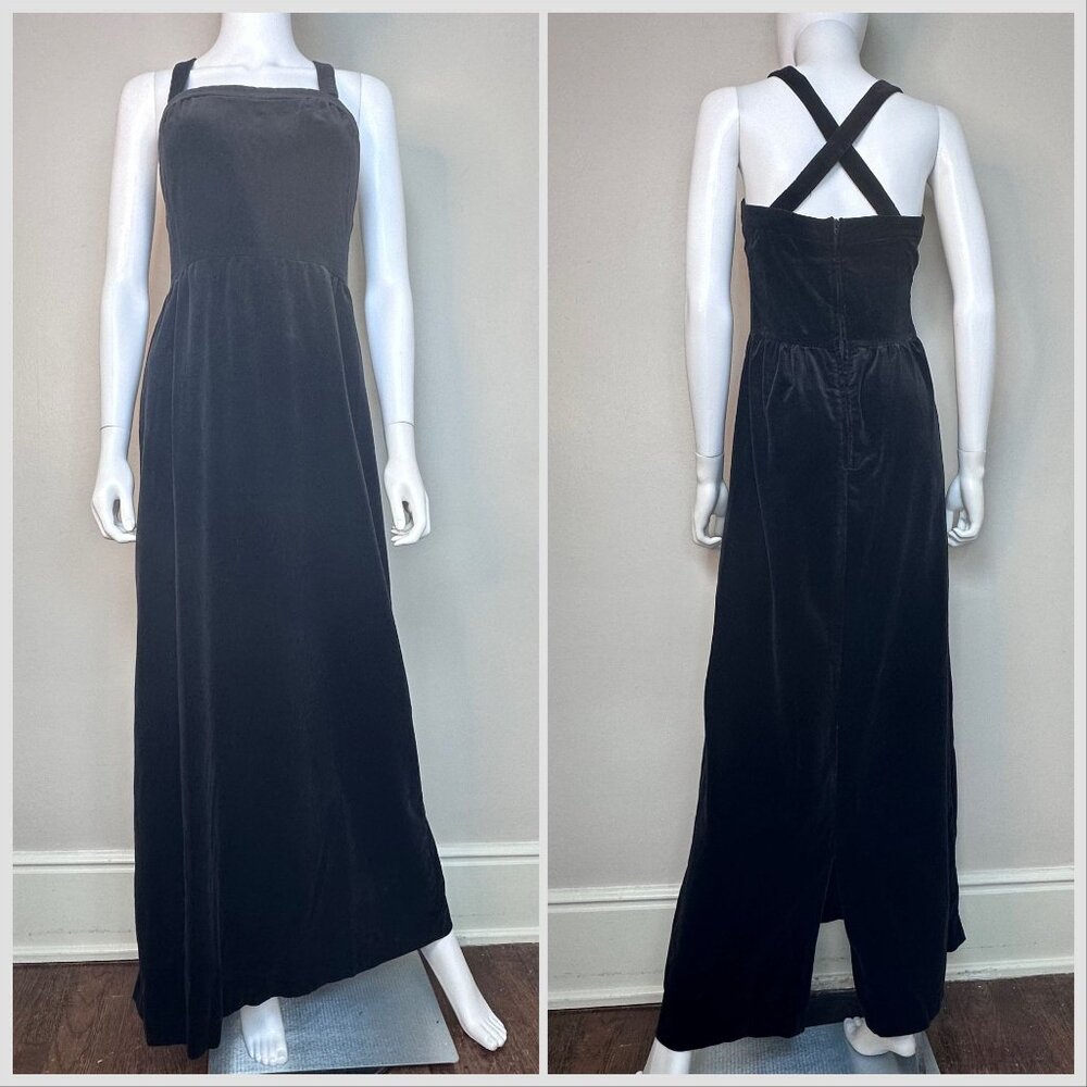 Vintage 1960s Black Velvet Sleeveless Maxi Dress, Lanz Size XS